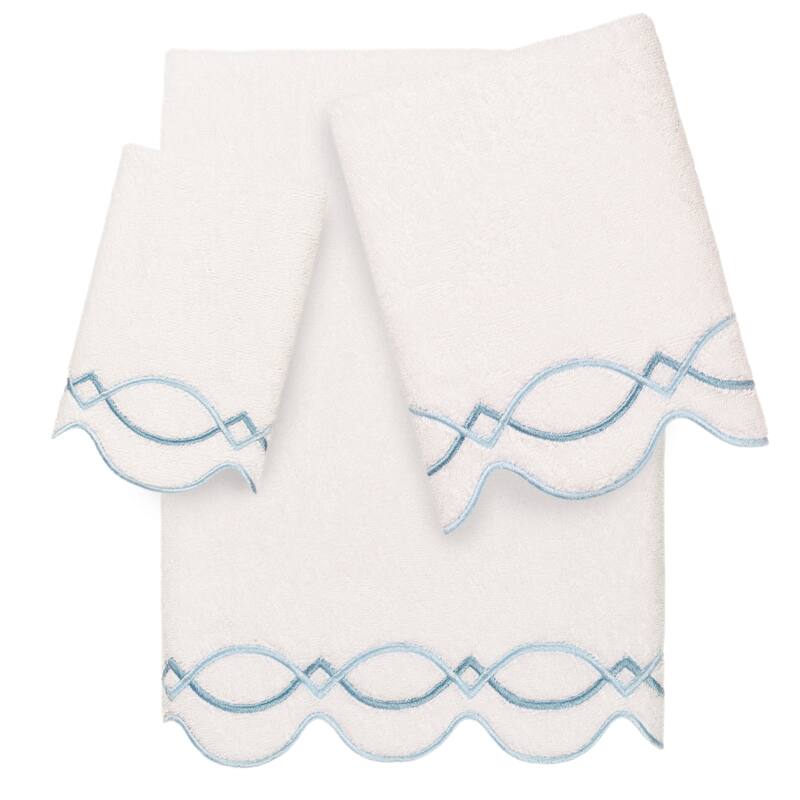 Authentic Hotel and Spa 100% Turkish Cotton DIAMOND CHAIN Scallop Embellished Towel Collection - White/Blue - 3 Piece Set