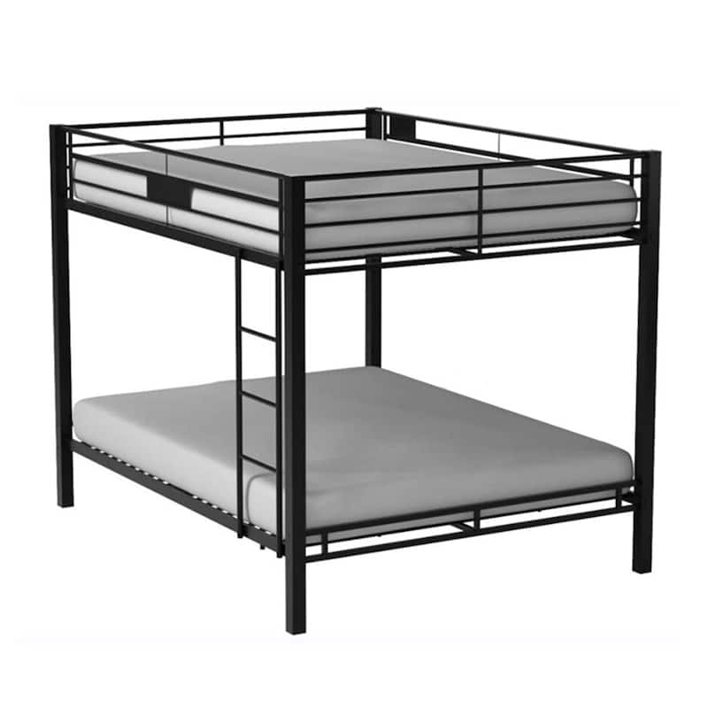 Queen over Queen Metal Bunk Bed with Ladder and Fence