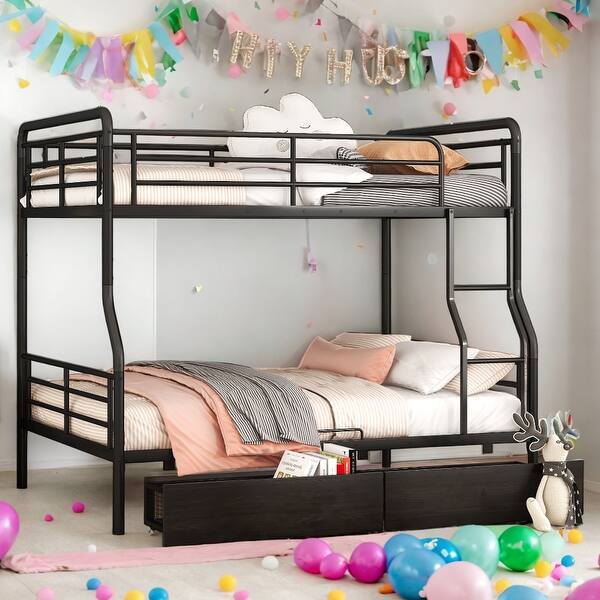 slide 2 of 9, Full XL Over Queen Metal Bunk Bed with 2 Drawers for Home Black