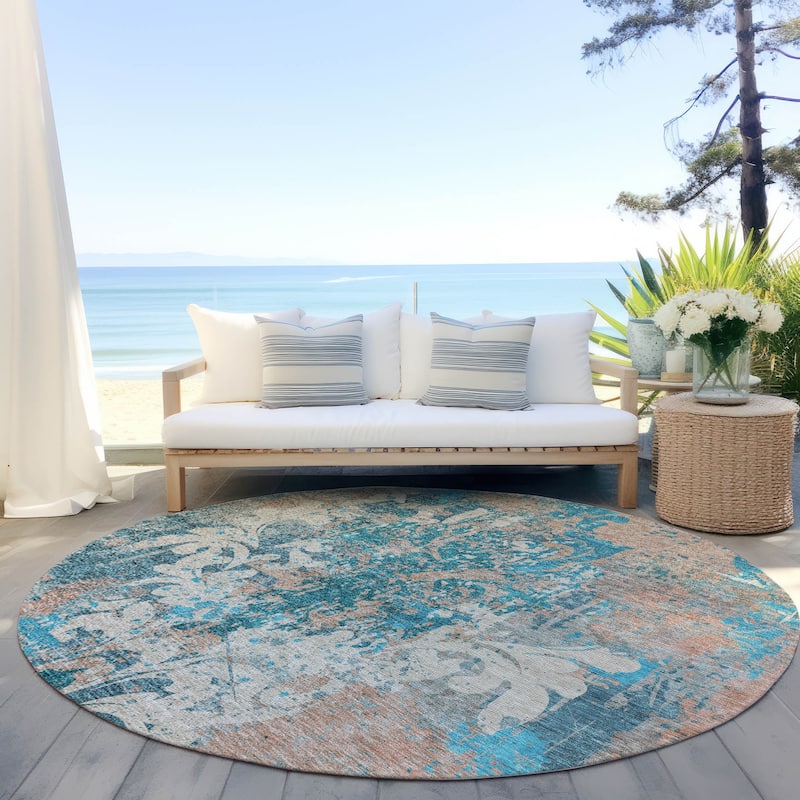 Machine Washable Indoor/ Outdoor Chantille Vintage Damask Rug - Teal - 8' x 8'