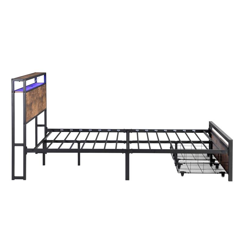Metal Platform Bed Frame with 2Drawers & Charging Station-Queen, Brown