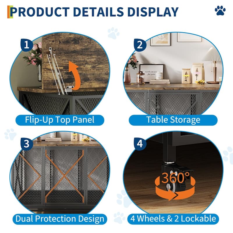 Dog Crate Furniture, Rolling 48 Inch Indoor Dog Crate with Potty Tray