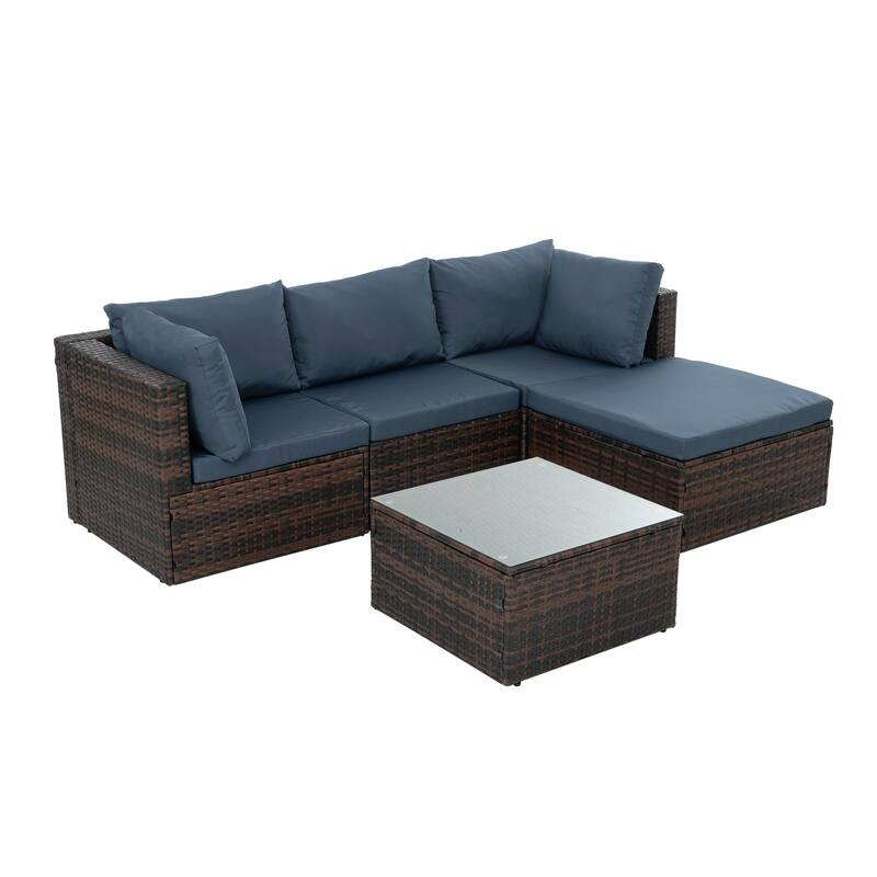 GDFStudio - Stylish 5-Piece Outdoor PE Wicker Patio Set with Tempered Glass Coffee Table, Seats 4