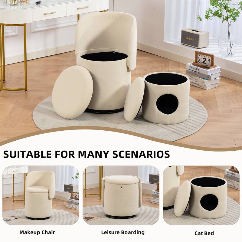 Stylish Upholstered Barrel Chair: 360°Swivel Vanity Stool for Bedroom & Dining Chair, Built-in Storage, Soft Padded Accent Seat