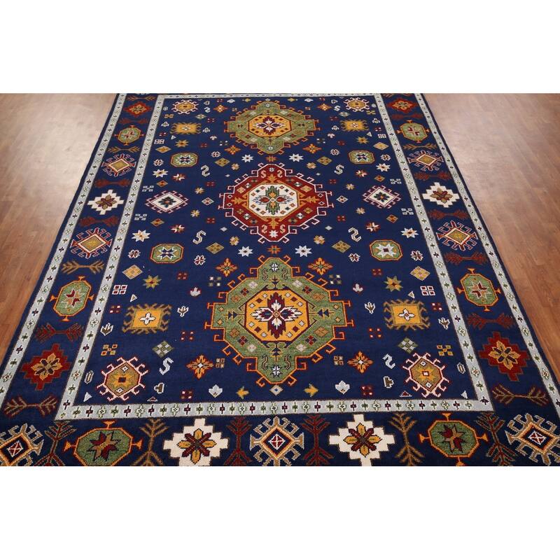 Navy Blue Geometric Kazak Oriental Area Rug Handmade Wool Carpet - 8'8" x 11'11"