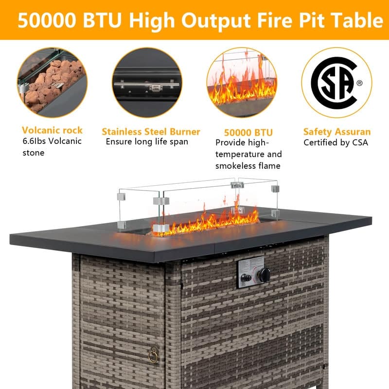 50,000 BTU 43 inch Outdoor Fire Pit Table Rattan with Cover - 43"x22.2"x24.8" WDH