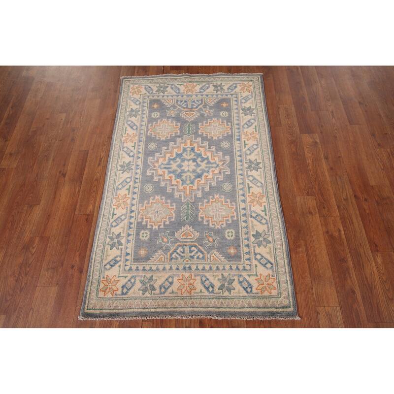 Geometric Kazak Accent Rug Hand-Knotted Grey Wool Carpet - 2'7" x 4'2"