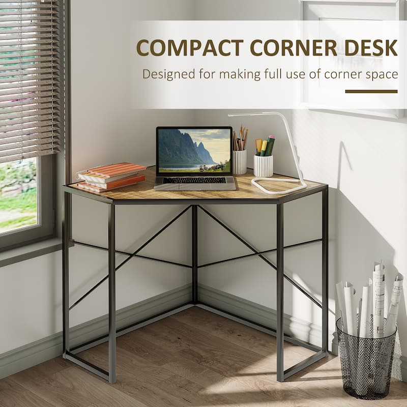 HOMCOM Corner Computer Desk with Steel Frame for Small Spaces, Writing Desk for Workstation