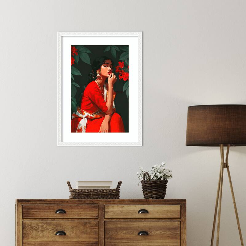 Indian Woman Red Traditional Dance Pose Elegant Teal by Tradelink inhouse artist Wood Framed Wall Art Print