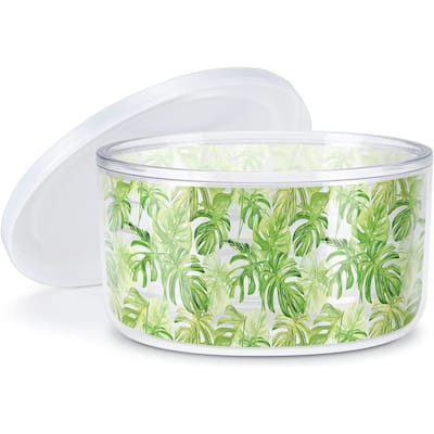 Tropical Leaves Double Wall Insulated Unbreakable Plastic Bowl with Lid Holds 22 Fluid Ounces Microwave Safe Dishwasher Safe