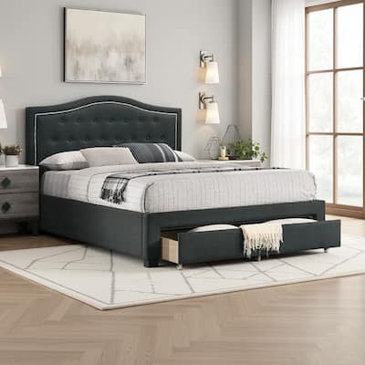 Sey Queen Size Bed w Storage Drawers, Dark Gray Upholstered Headboard