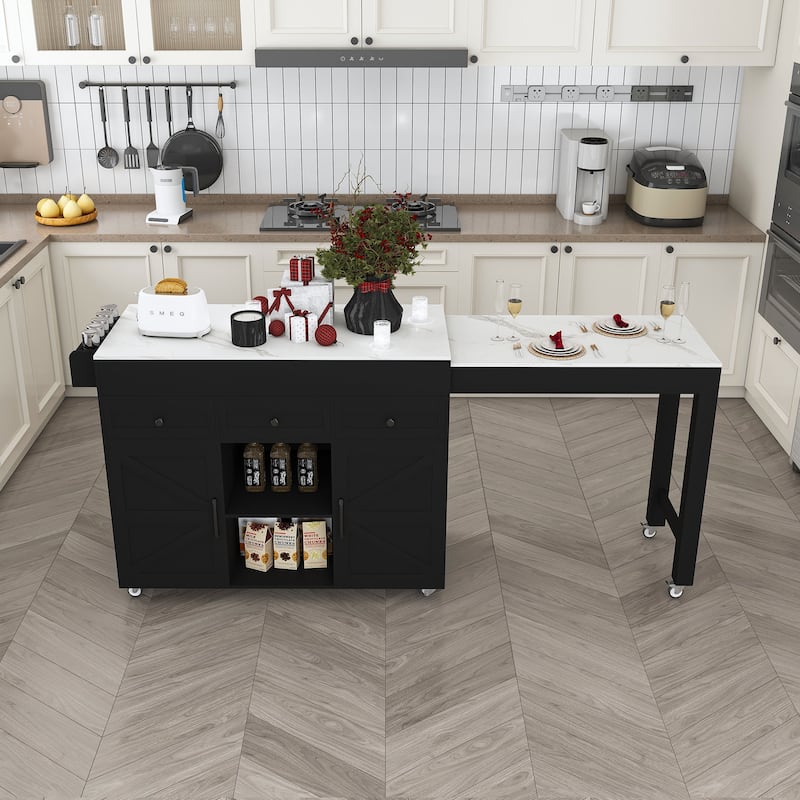 75" Kitchen Island with Extendable Table & Power Outlet - Rolling Storage Cart with Marble Top & Cabinet for Dining Room
