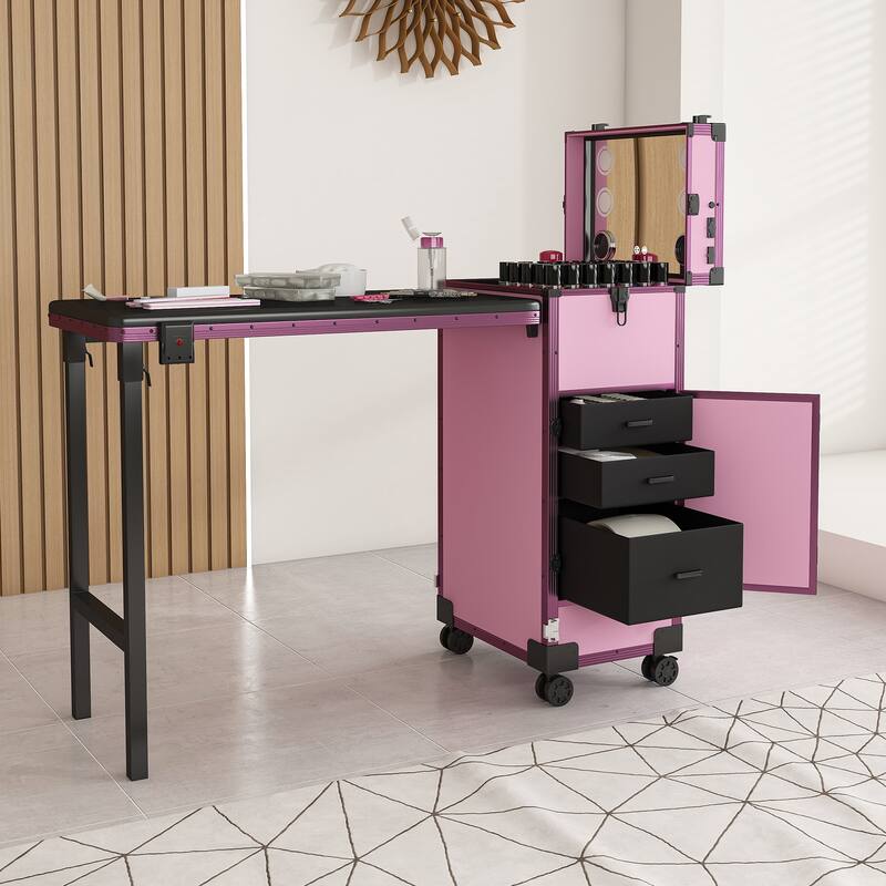 Portable Nail Art Table w/ LED Mirror, Bluetooth, Lockable Drawers, Telescopic Pole - Folding Manicure Station for Salons - Pink