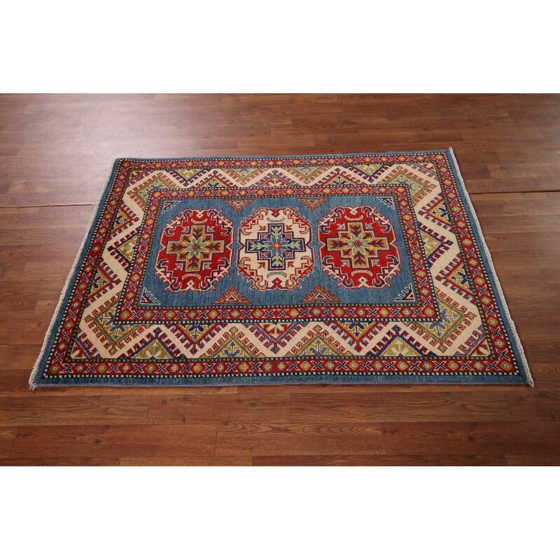 Blue Kazak Foyer Rug Hand-Knotted Traditional Wool Carpet - 3'5" x 4'9"