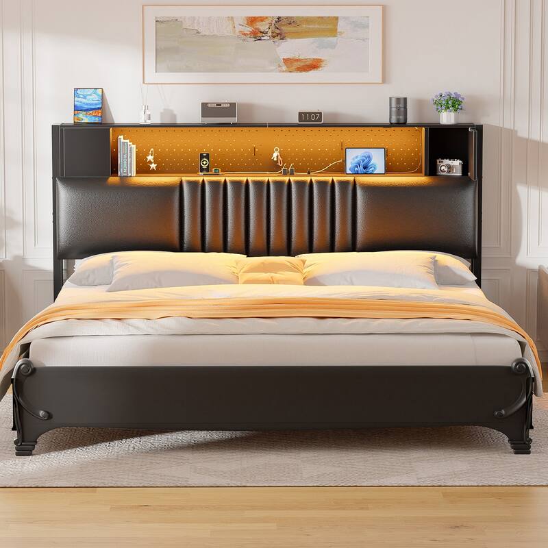 Upholstered Headboard with Storage Shelf and Small Cabinet, Headboard Power Outlet and LED Light - Black - Queen