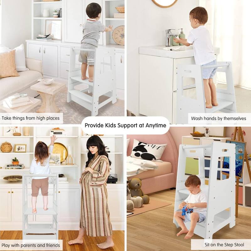 Toddler Standing Tower Kitchen Step Stool Adjustable Height Learning Stool,Helper Removable Anti-Drop Safety Rail Stool