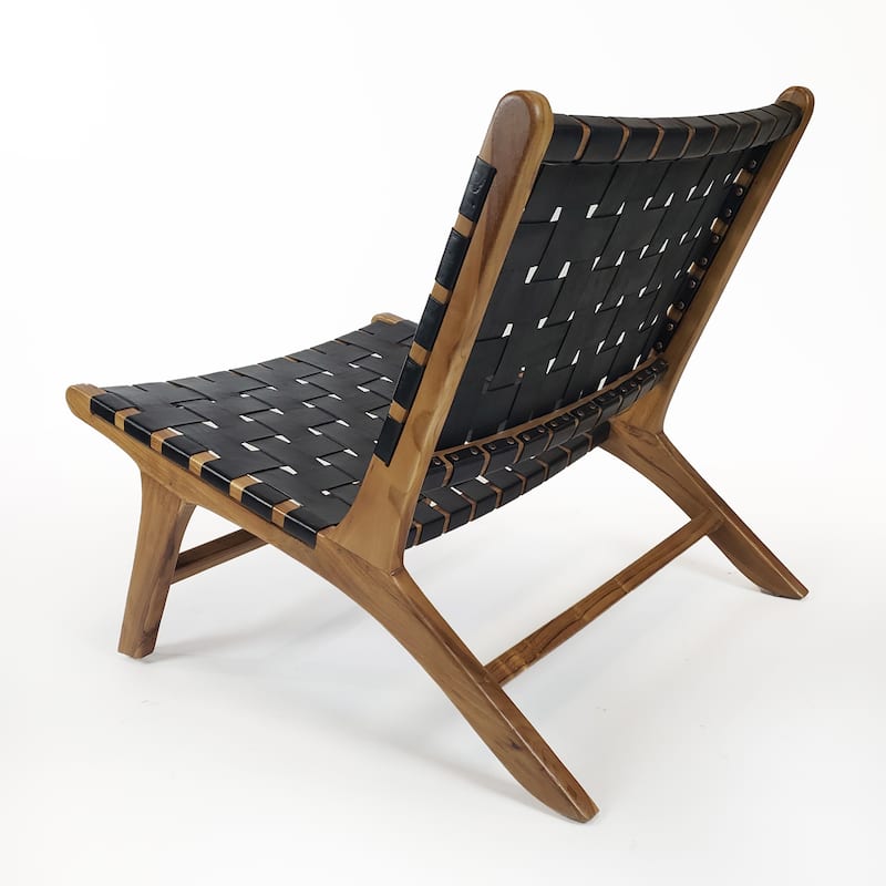 Brisot Square Weave Leather on Teak Wood Lounge Chair