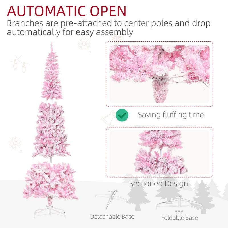 HOMCOM Pre-Lit Snow Flocked Pencil Tree - Realistic Pine Branches, Warm White LED Lights, Auto Open, Pink & White