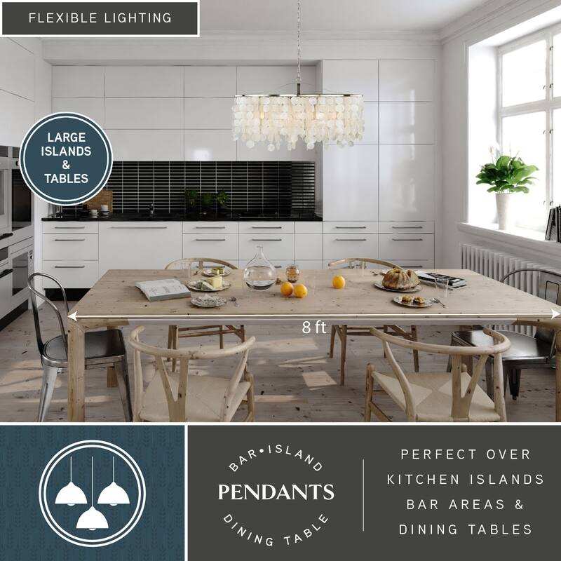 Elsa 5L Coastal Capiz Shell Linear Chandelier Island Pendant Light Fixture - 35.75-in W x 21-in H x 15-in D