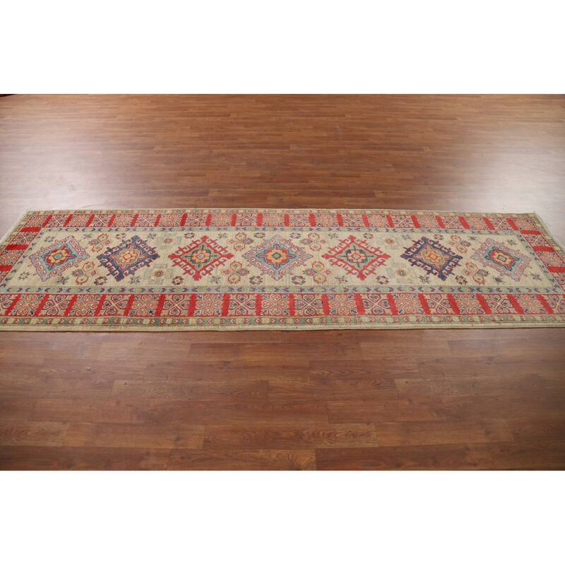 Geometric Kazak Runner Rug Handmade Foyer Wool Carpet - 2'10" x 9'7"