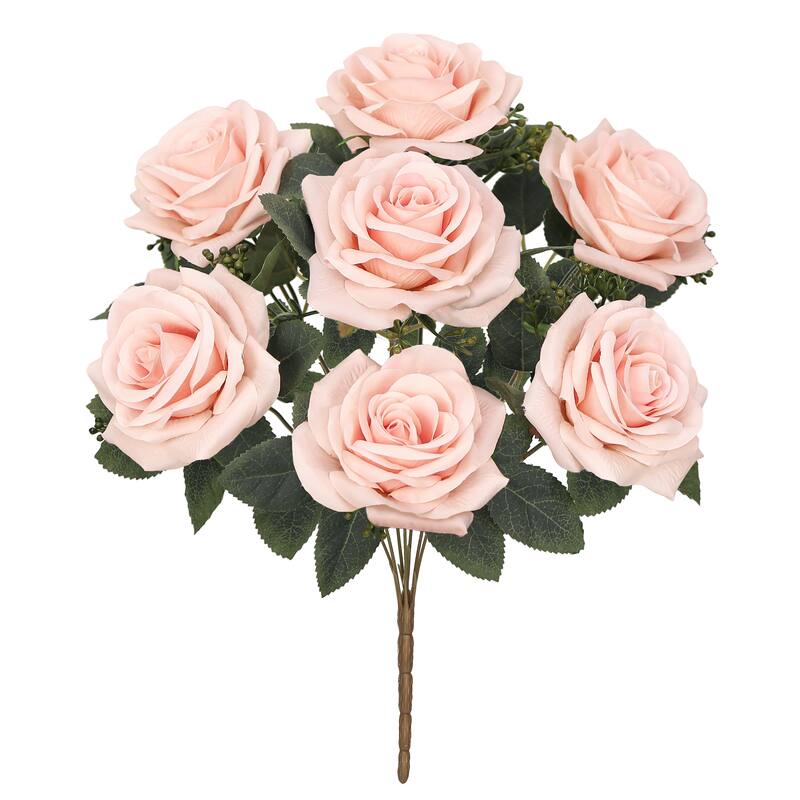 Set of 2 Peach Artificial Queen Tea Rose Flower Stem Bush Bouquet 17in - 17" L x 9" W x 9" DP
