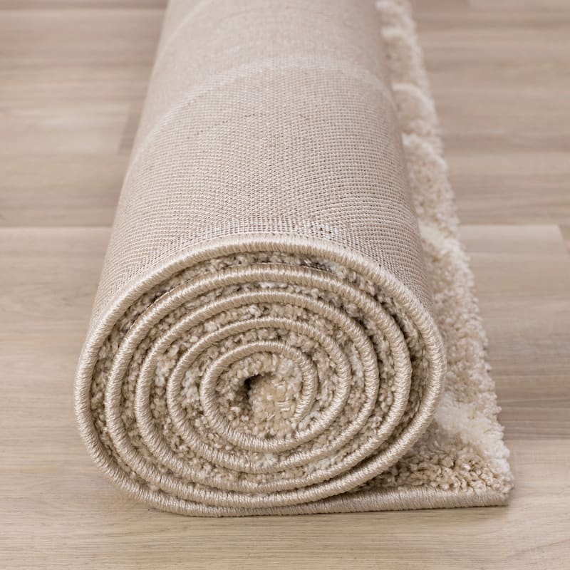 Taupe Cream Curved Lines Shag Living Rug