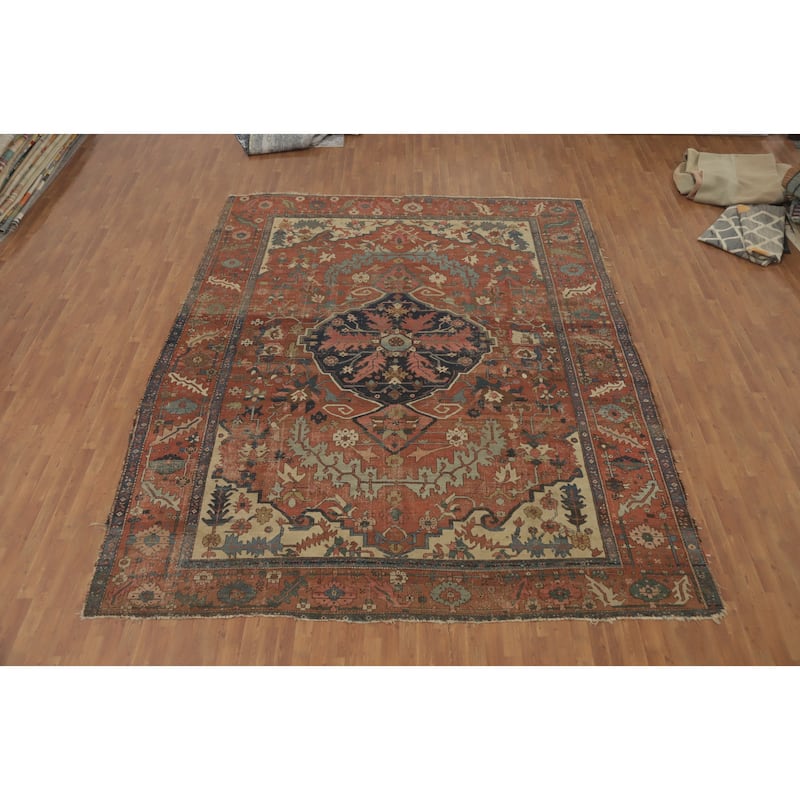 Hand Knotted Oriental 100% Wool Carpet Traditional Floral Oranges & Rust Heriz (serapi) Area Rug - 13' 7'' X 10' 8''