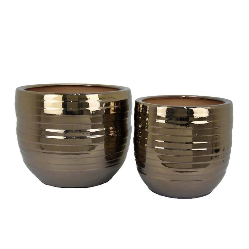 Paulo Barrel Planter Set of 2, Raised Ribbed Gold Ceramic 19, 15 Inch