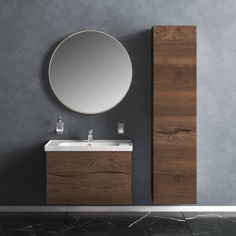Modern Wall-Mounted Bathroom Vanity with Washbasin Wave Rosewood Non-Toxic MDF-26"-No Mirrorr
