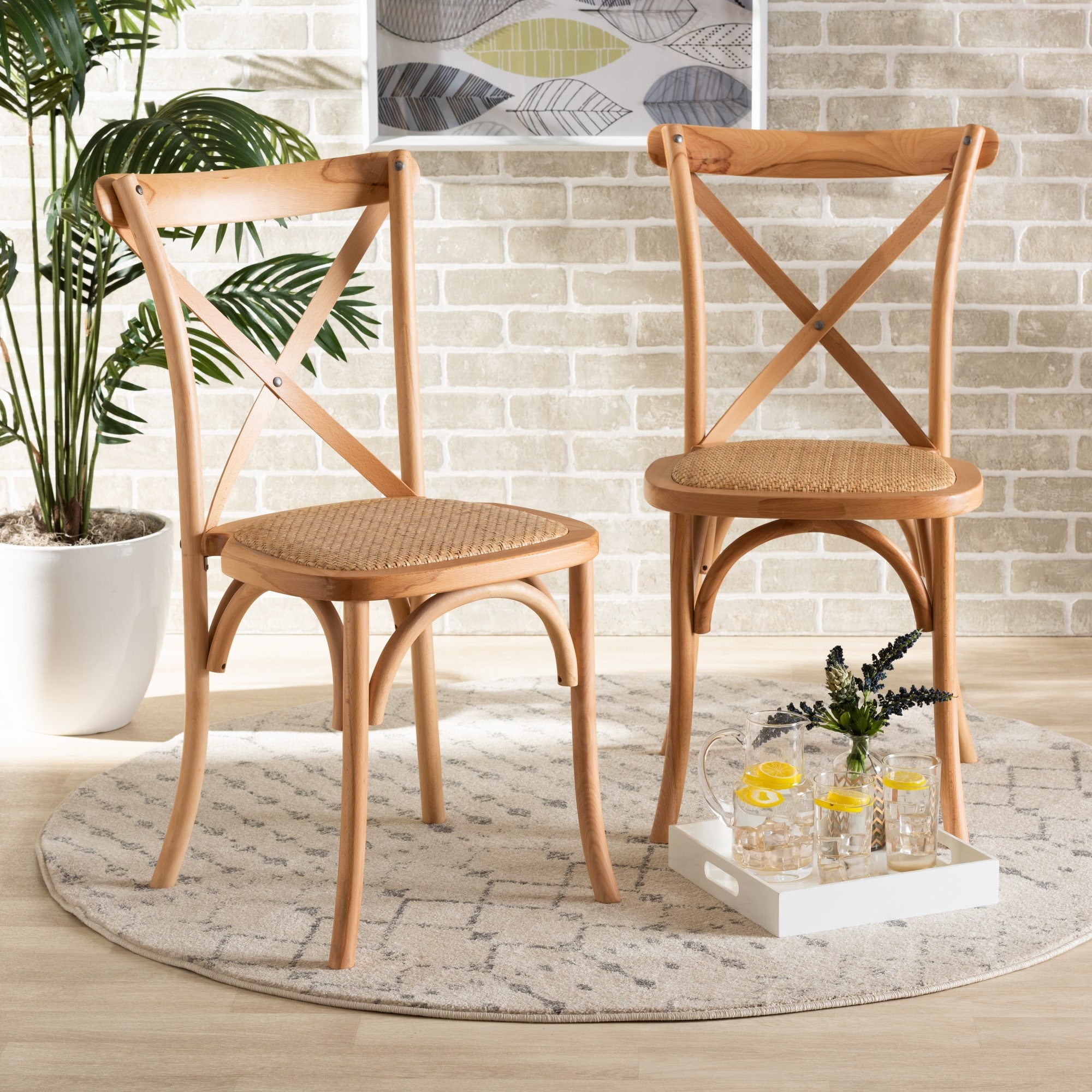 Tartan Mid Century Woven Rattan Dining Chair Set 2PC Natural Brown