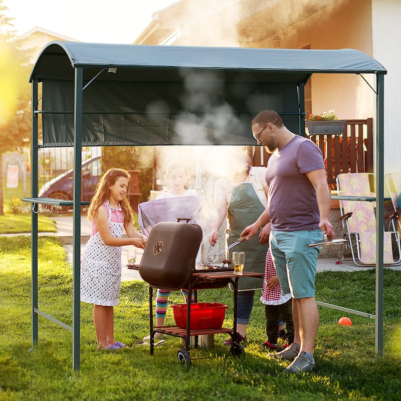 Outsunny 7 ft Outdoor Patio BBQ Grill Canopy Gazebo Tent with Side Awning, 2 Exterior Serving Shelves, & Storage 5 Hooks