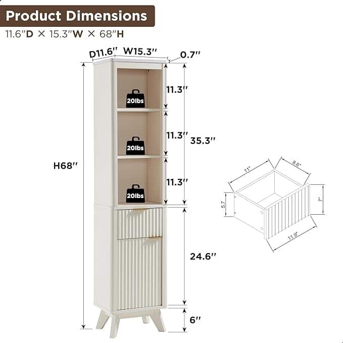 68" Tall Bathroom Narrow Storage Cabinet with Faux Marble Top