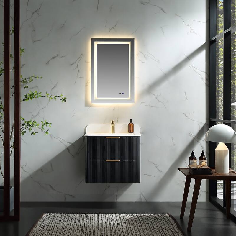 Modland Fluted Floating Vanity with Sink, Plywood Wall Mount Cabinet, Curved Edge, 24/30/36 Inch