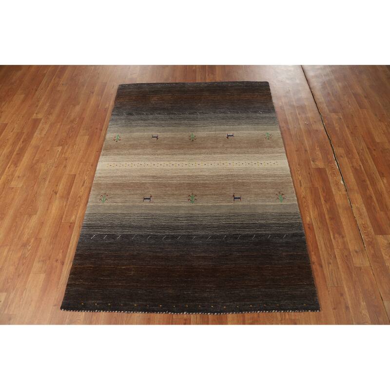 Hand Knotted Oriental 100% Wool Carpet Tribal Stripe Brown Gabbeh Area Rug - 5' 10'' X 4' 0''