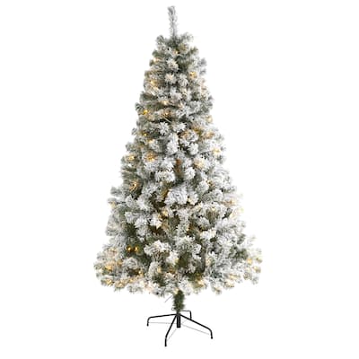 6’ Pre-Lit Flocked Fir Artificial Christmas Tree, Warm Clear LED Lights - 6 Foot