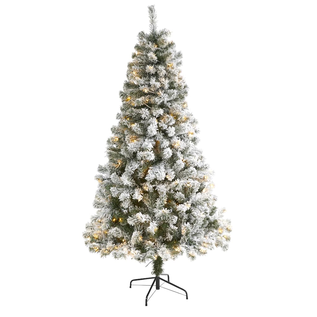 6’ Pre-Lit Flocked Fir Artificial Christmas Tree, Warm Clear LED Lights - 6 Foot