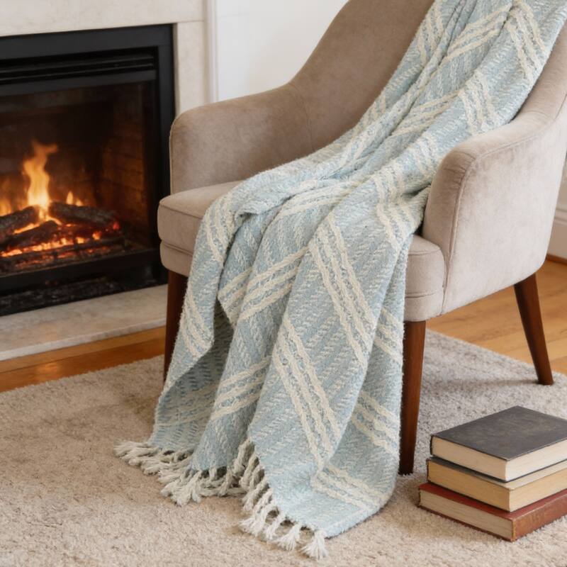 HomeRoots 50" X 60" Light Blue And Ivory Striped Cotton Throw Blanket with Fringe - Throw - Light Blue/Ivory