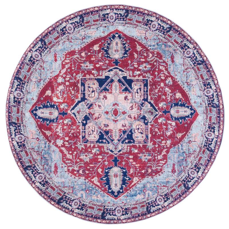 SAFAVIEH Tucson Machine Washable Slip Resistant Mathilde Oriental Medallion - 5' x 5' Round - Red/Navy - Round