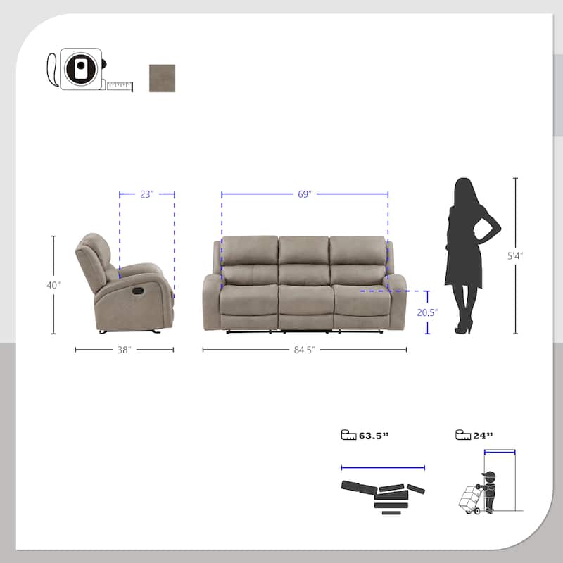 Mabel 3-Piece Polished Microfiber Manual Reclining Sofa Set