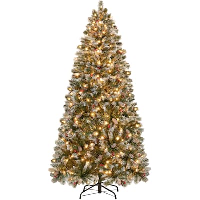 Yaheetech 6ft/7.5ft Pre-lit Frosted Artificial Christmas Tree with Pinecones & Holly Berries, Green