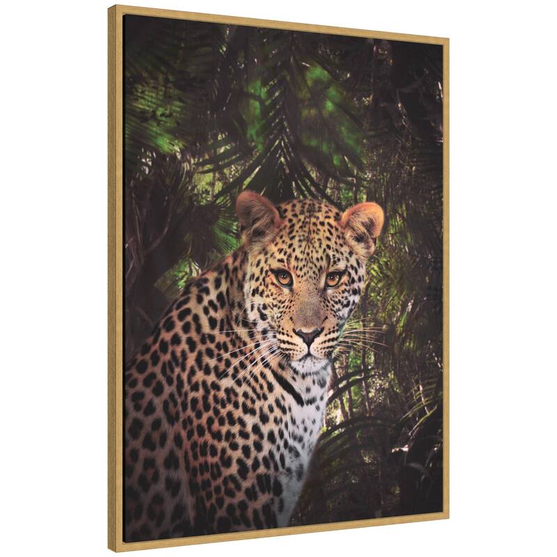 Kate and Laurel Sylvie Moody Leopard In The Rainforest Color Framed Canvas by Simon Te of Tai Prints - 28x38 - Yellow
