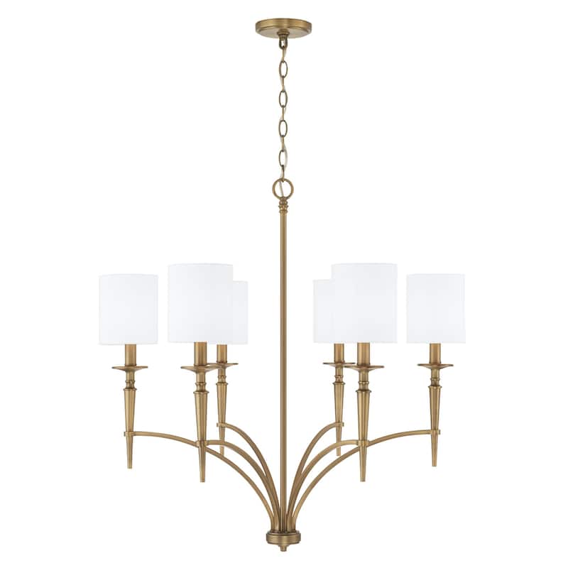 Abbie 31" 6-light Chandelier w/ White Fabric Stay-Straight Shades - Aged Brass