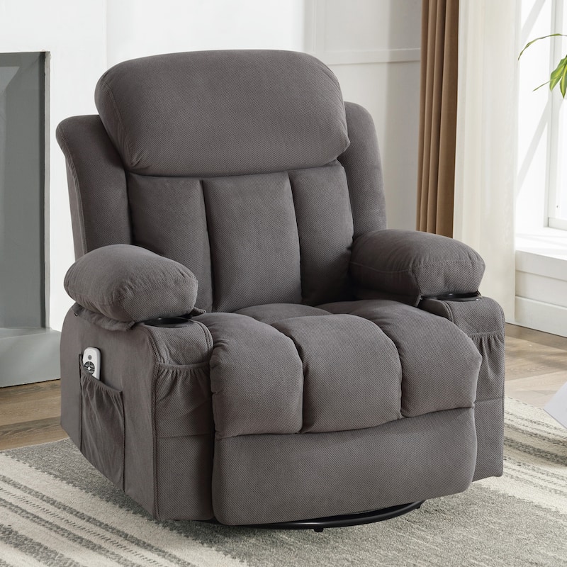 Rocker Recliner Chair with Heat & Massage, Swivel Recliner with USB and 2 Cup Holders, Ergonomic Single Lounge Sofa - Grey