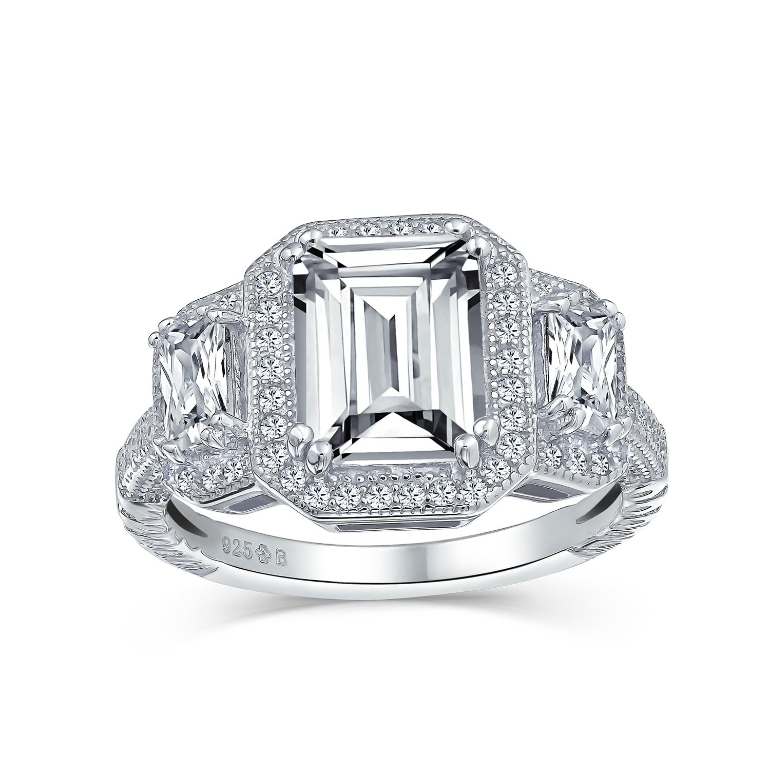 Shop 3CT Halo 3 Stone Emerald Cut CZ 