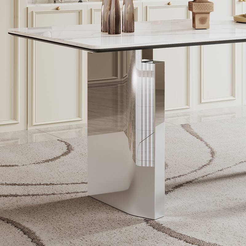 0.47" Thick Sintered Stone Composite Tempered Glass Top Dining Table with Stainless Steel Base