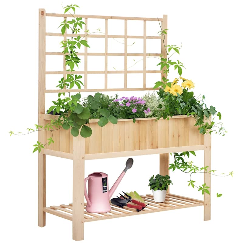 Decorative 2-Level Garden Planter Box with Storage Shelf and Trellis