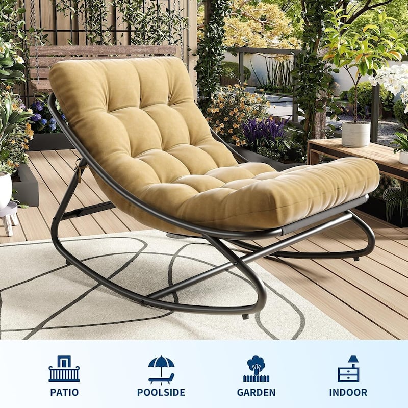 Outdoor Patio Papasan Rocking Chair with Cushion for Porch, Garden, Living Room