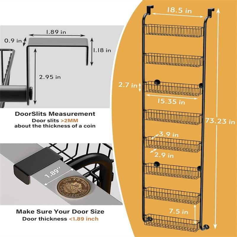 8 Tier Over The Door Pantry Organizer - 17"D x 9"W x 5"H