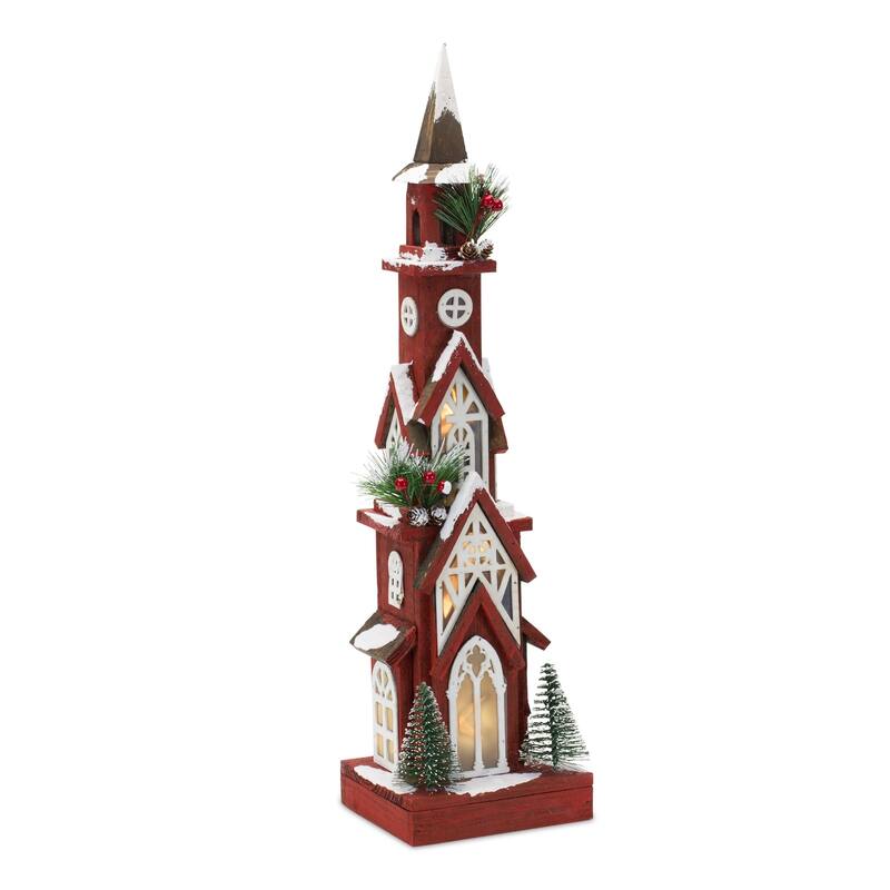 24.25" Red White Frosted Steeple Church Christmas Tabletop Decoration