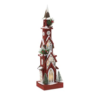 24.25" Red White Frosted Steeple Church Christmas Tabletop Decoration
